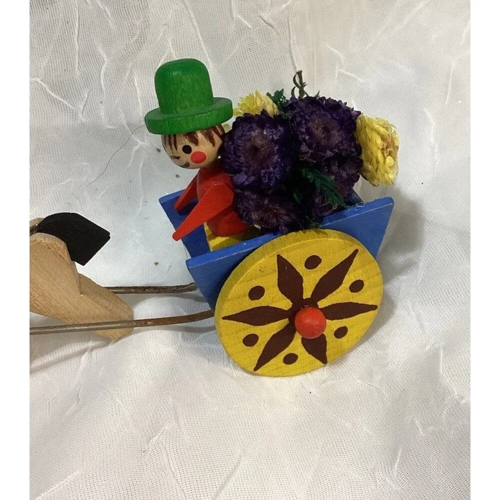 Steinbach Germany Christmas Miniature Wooden Toy Horse Driver & Flower Cart